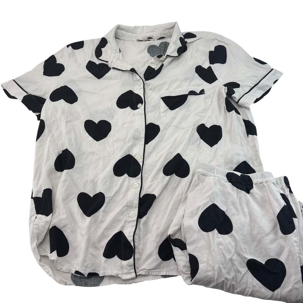 LOFT Sleep Women Pajama Set White Black Heart Print Button Down Cotton Blend L/S